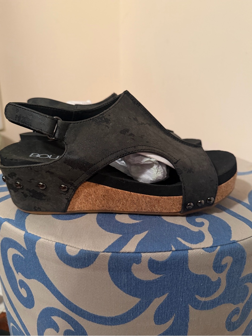 Black Cork Wedge Slingback Sandals with Stud Detail